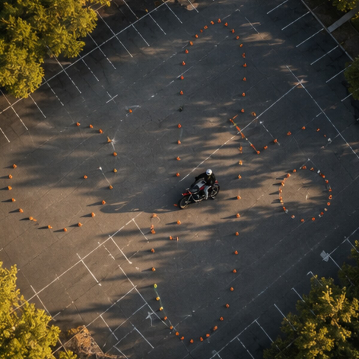 MotoGymkhana rider seen from above riding through a technical cone course in a parking lot
