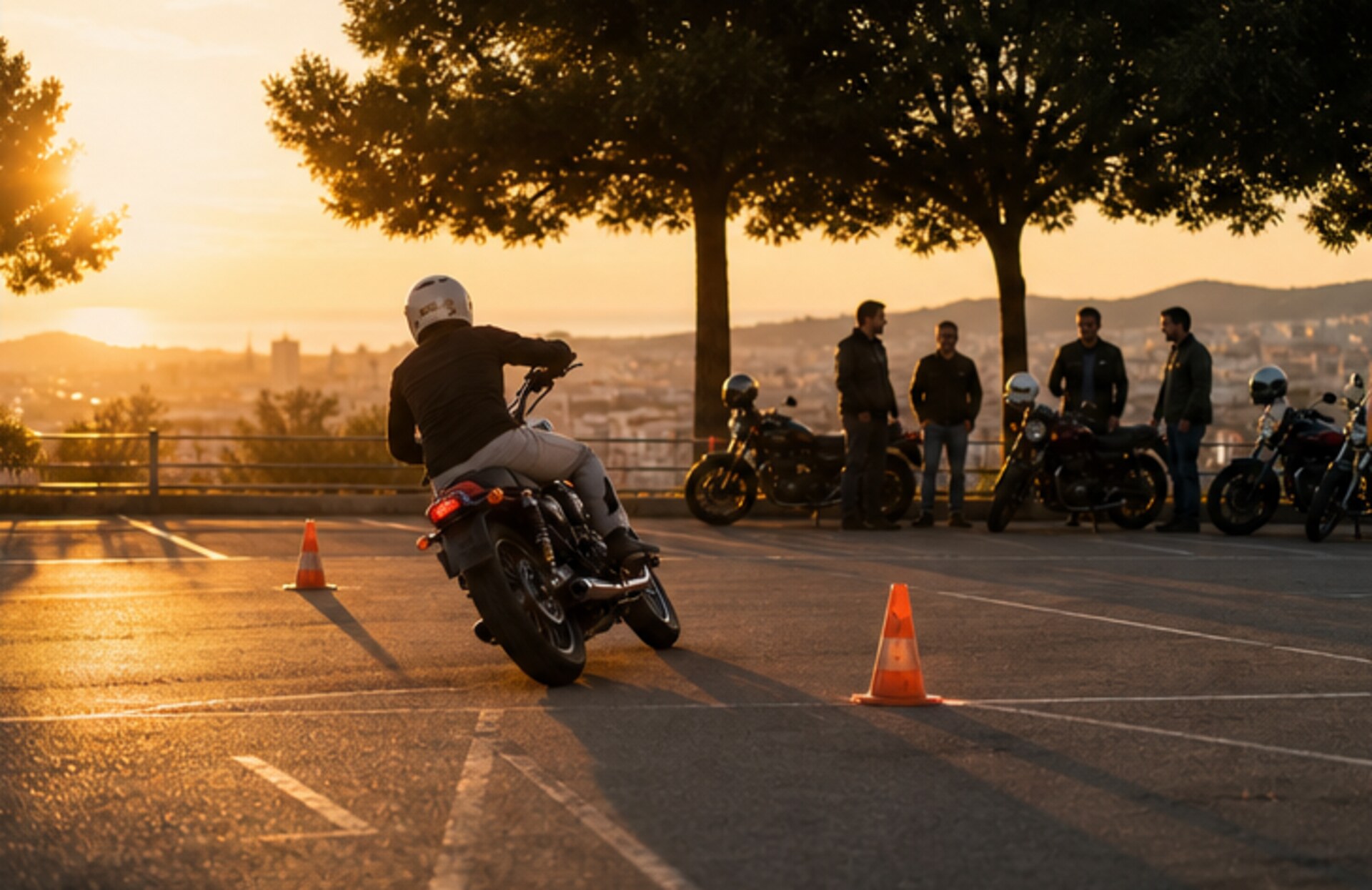 MotoGymkhana rider turning through cones while riders chat beside motorcycles at sunset